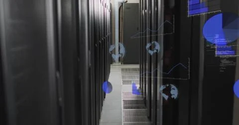 Global data processing image over server racks in data center Stock Photos