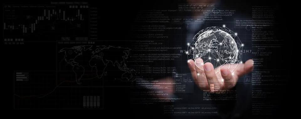 Global data science and analytics background with artificial intelligence, .. Stock Photos