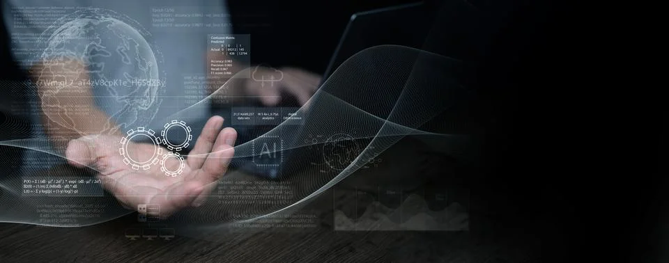 Global data science and artificial intelligence background with futuristic .. Stock Photos