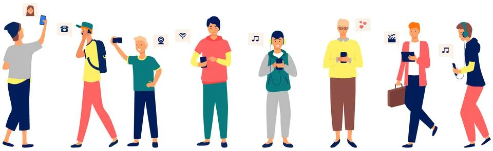 Global data sharing concept with of young people using mobile smartphone for Stock Illustration