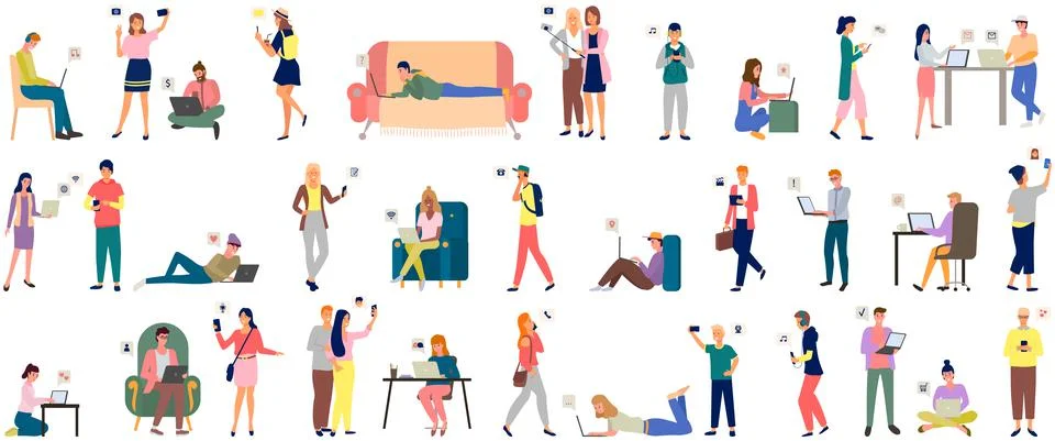 Global data sharing concept with of young people using mobile smartphone for Stock Illustration