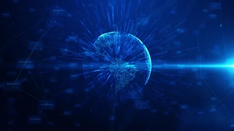 Global data sphere technology visual with glowing blue earth, radiating connecti Stock Footage 340555393