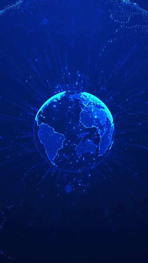 Global data sphere technology visual glowing blue Earth, dotted side globes, fas Stock Footage 340568340