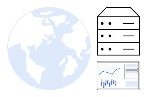 Global Data Storage Concept with Server, World Map, and Analytics Dashboard Stock Illustration