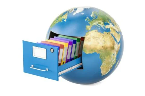 Global data storage. Earth globe with folders in filing cabinet, 3D renderi.. Stock Illustration