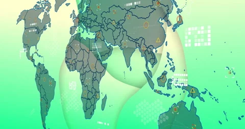Global data streaming on flat design world map, showing color circles triangles Stock Footage 307857367