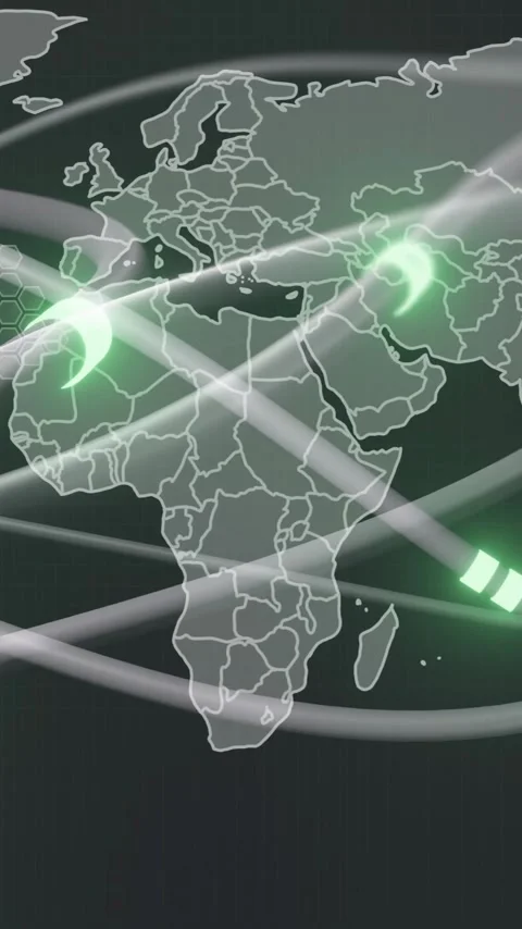 Global data transfer animation over world map with green glowing nodes Stockbeeldmateriaal 343645277