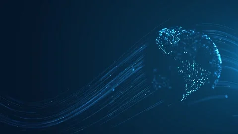 Global data transfer globe visual with bright dotted continents, flowing blue ro Stock Footage 340552096