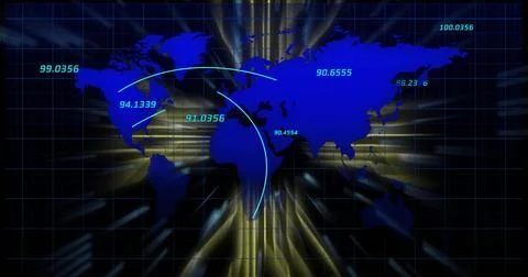 Global data transfer image over world map with numerical coordinates Stock Illustration