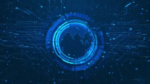 Global data transfer interface visual cyan earth sphere, moving arrows, and circ Stock Footage 340526713
