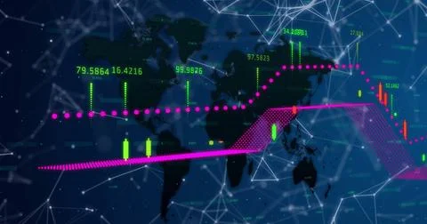 Global data view showing world map on blue interface, with magenta trends, green Stock Photos
