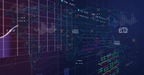 Global data visualization and analytics image over world map and graphs Stock Photos