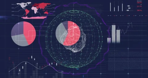 Global data visualization animation over various charts and graphs on dark Stock Footage 305526964
