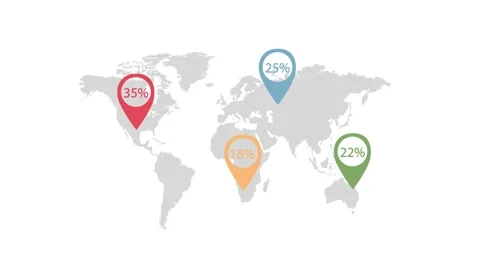 Global Data Visualization with Colorful Percentage Map Pointers Stock Footage 341922468
