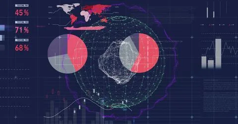 Global data visualization image over various charts and graphs on dark Foto stock