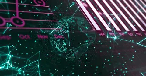 Global data visualization image over digital world map and abstract network.. Stock Photos