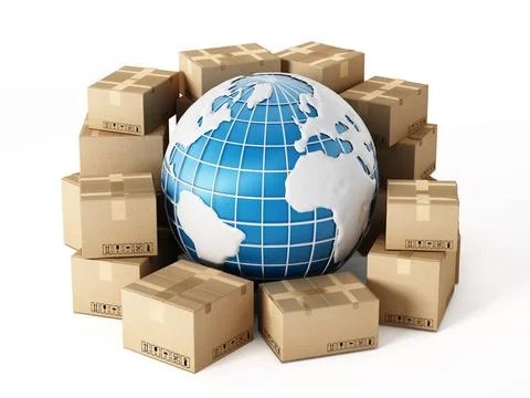 Global delivery Cargo boxes around the globe isolated on white background ... Stock Photos