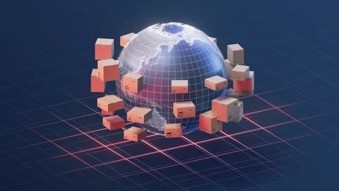 Global delivery network with cardboard boxes orbiting an animated earth on .. 스톡 동영상 327247939