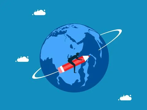 Global development. man flies with pencil around the world Illustrazione stock