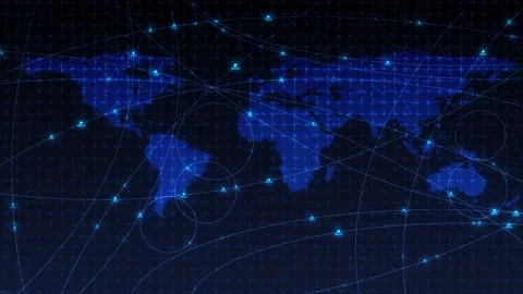 Global digital connection map glowing blue continents, network nodes, grid textu Stock Footage 340567636
