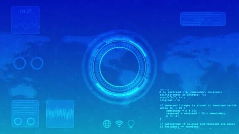Global digital dashboard interface visual blue world map, circular HUD, data car Stock Footage 340572514