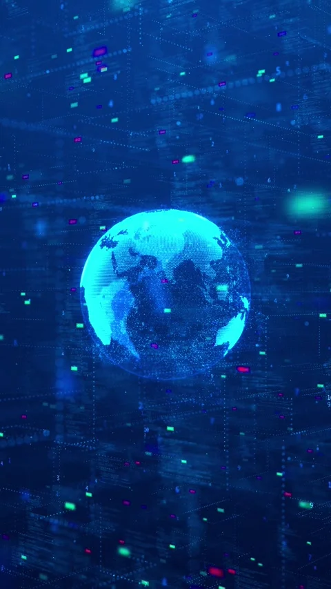 Global digital data globe cyan Earth sphere, floating code panels, data blocks, Stock Footage 340558178