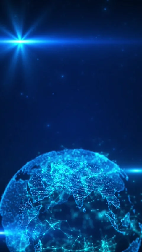 Global digital earth technology visual with cyan map points, polygon links, soft Stock Footage 340470601
