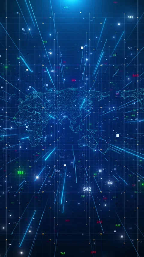 Global digital finance map interface cyan data points, glowing world grid, numer Stock Footage 340397661
