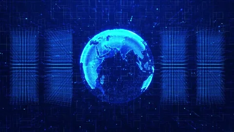 Global digital globe network bright blue earth, mirrored data panels, circuit gr Stock Footage 340526487