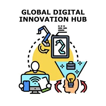 Global digital innovation hub creating technological solutions Stock Illustration