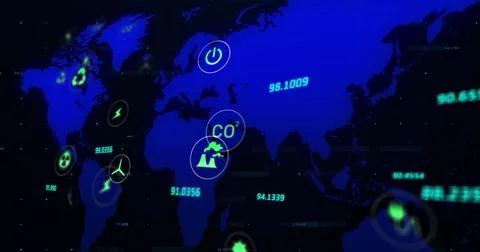 Global digital interface displaying environmental data and energy icons on world Photos