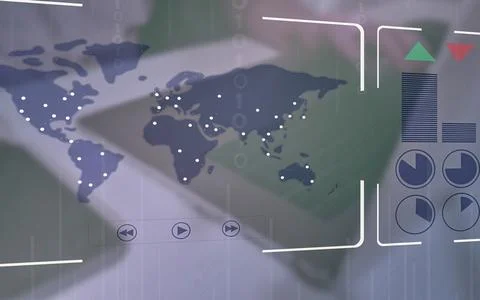 Global digital interface with world map and data analysis charts Stock Photos