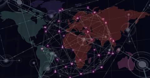 Global digital network connecting continents with icons and lines on world map イラスト素材