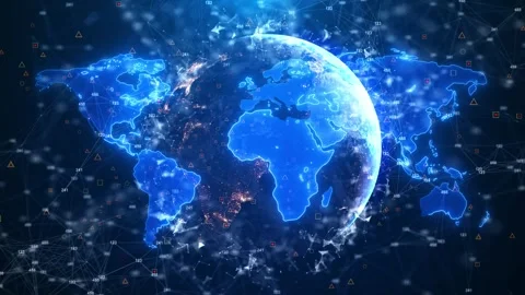 Global digital network earth map with glowing blue continents, connected nodes Stock Footage 334125721