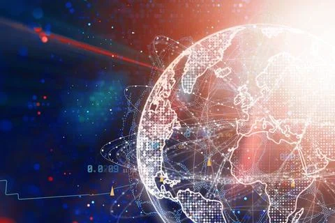 Global digital network globe with internet data icons, server numbers and c.. Illustrazione stock