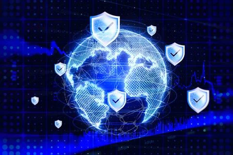 Global digital network globe with stock trading candlestick charts and financ Stock Illustration