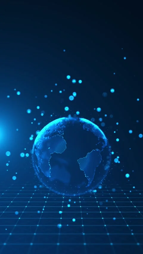 Global digital network grid background blue earth globe, floating communication Stock Footage 340526150