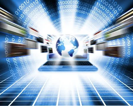 Global Digital Network with Laptop, Data Streams and Web Technology Stock Illustration