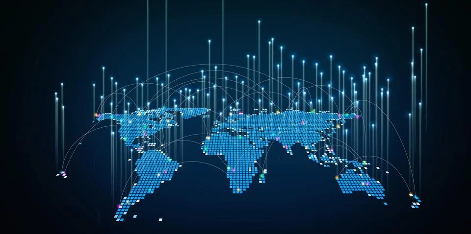 Global digital network map with glowing connections representing worldwide .. 스톡 일러스트