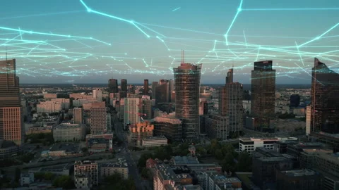 Global digital network over downtown of modern city. Interconnecting lines Stock Footage 243172720