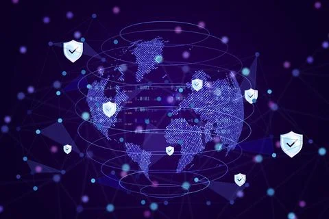 Global digital network security with glowing shield icons protecting hologr.. Illustrazione stock