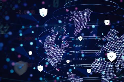 Global digital network security with glowing shield icons protecting hologr.. Stock Illustration