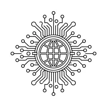 Global Digital Network Technology Line Art Icon with Globe Circuit AI Conne.. Illustrazione stock