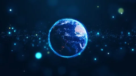 Global digital planet light visual with luminous earth, cyan particle ring, and Stock Footage 340554198
