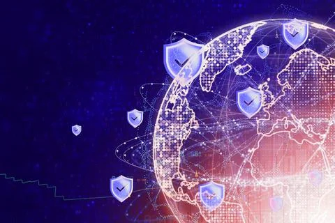 Global digital security and cybersecurity protection. Concept with blue shiel Stockillustratie