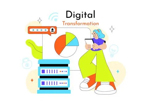 Global Digital Transformation Vector Illustration Featuring Modern Technolo.. Illustrazione stock