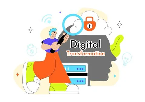 Global Digital Transformation Vector Illustration Featuring Modern Technolo.. Illustrazione stock