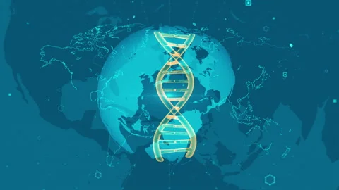 Global DNA Mapping: Futuristic Visualization of Genetic Code on World Map Stock Footage 344111774
