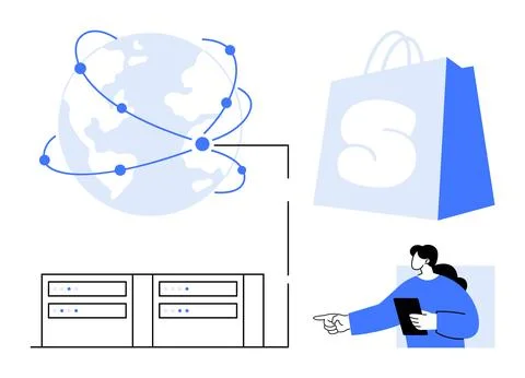 Global E-Commerce and Network Integration Visual Representation with Database Stock Illustration