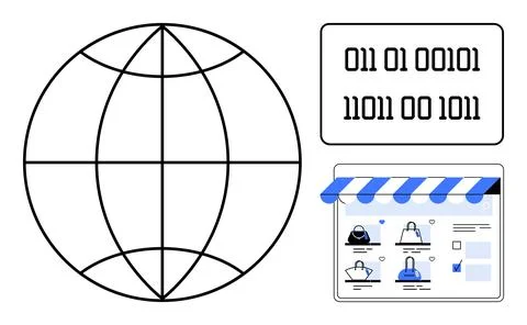 Global E-commerce Concept with Globe, Binary Code, and Online Shopping Platfo イラスト素材